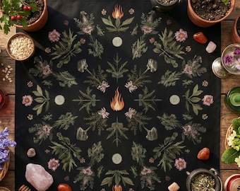 Beltane Altar Cloth, Herbal Greenery & Fire Wheel, Wiccan Sabbat Decor, Pagan Ritual Mat
