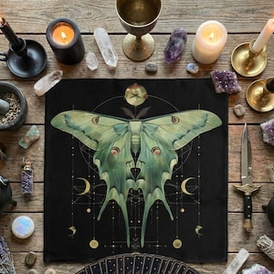 Mystical Luna Moth Altar Cloth, Celestial Moon Phase Design, Witchcraft Ritual Cloth for Tarot and Divination