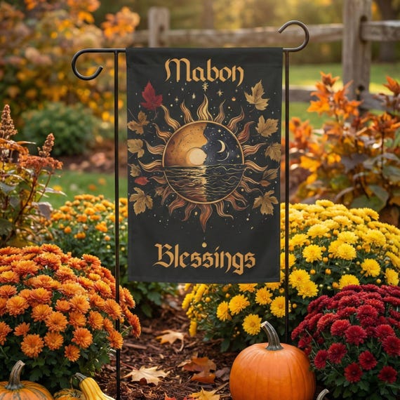 Mabon Garden Flag, Sun and Moon Fall Equinox Design, Pagan Sabbat Decor, Wiccan Autumn Outdoor Flag, Witchy Harvest Banner