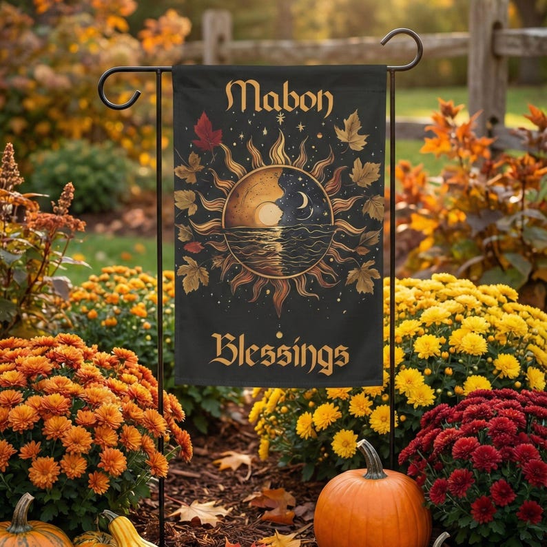 Mabon Garden Flag, Sun and Moon Fall Equinox Design, Pagan Sabbat Decor, Wiccan Autumn Outdoor Flag, Witchy Harvest Banner image 1