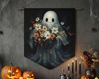 Whimsical Ghost Pennant Banner, Vintage Floral Halloween Tapestry, Gothic Spirit Decor, Spooky Season Hanging Art