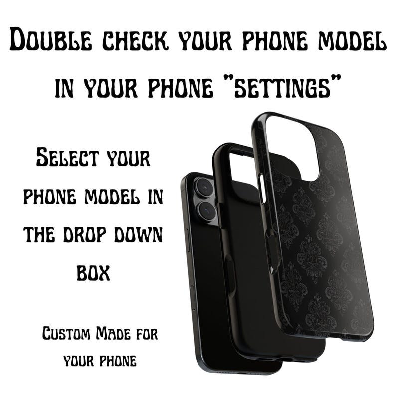 Black Damask Gothic Phone Case, Monochrome Baroque Protective Cover, iPhone 18 17 16 15 14 13 12 11 Pro Max, Pixel, Magsafe Bild 11
