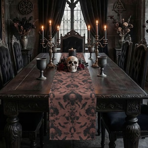 Gothic Raven Table Runner, Red and Black Crow Print, Dark Cottagecore Halloween Decoration, Occult Witchy Home Decor