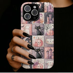 Cute Halloween Phone Case, Pink Patchwork Black Cat Ghost Pumpkin Protective Cover, iPhone 17 16 15 14 13 12 11 Pro Max, Pixel, Magsafe
