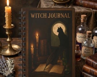 Personalized Witch Spiral-Bound Journal with Black Cat, Vintage Spell Book, Gothic Grimoire, Witchcraft Gift