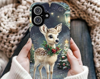 Christmas Deer Phone Case, Winter Fawn Holiday Protective Cover, iPhone 17 16 15 14 13 12 11 Pro Max, Pixel, Magsafe