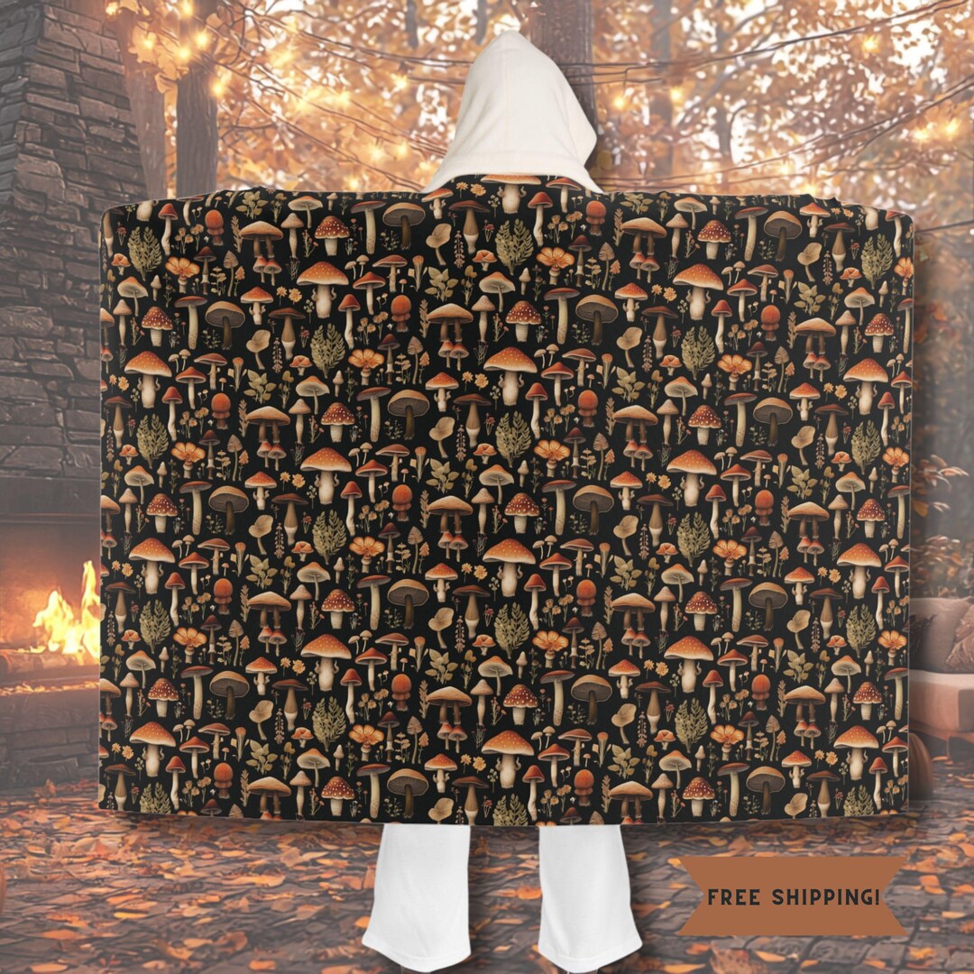 Mushroom Pattern Print Hooded Blanket