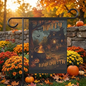 Witch House Garden Flag, Cauldron and Jack-o-Lanterns Spooky Fall Decor, Halloween Outdoor Decoration, Fun Seasonal Gift
