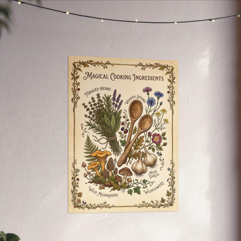 May include: A vintage-style poster titled "Magical Cooking Ingredients" features illustrations of foraged herbs, wooden spoons, wild mushrooms, aged garlic, and wildflowers. The poster has a decorative border and is printed on cream-colored paper.