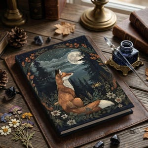 May include: A hardback journal with a forest scene featuring a fox under a full moon. The cover art is surrounded by a floral border. The journal is on a leather pad, with a pen and inkwell nearby.