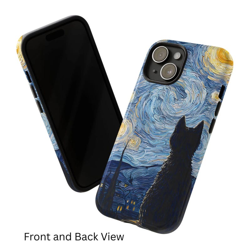 Starry Night Cat Phone Case, Whimsical Design Protective Cover, iPhone 17 16 15 14 13 12 11 Pro Max, Pixel, Magsafe image 6