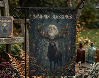 Samhain Blessings Garden Flag, Stag Moon Outdoor Banner, Witchy Pagan Sabbat Yard Decor