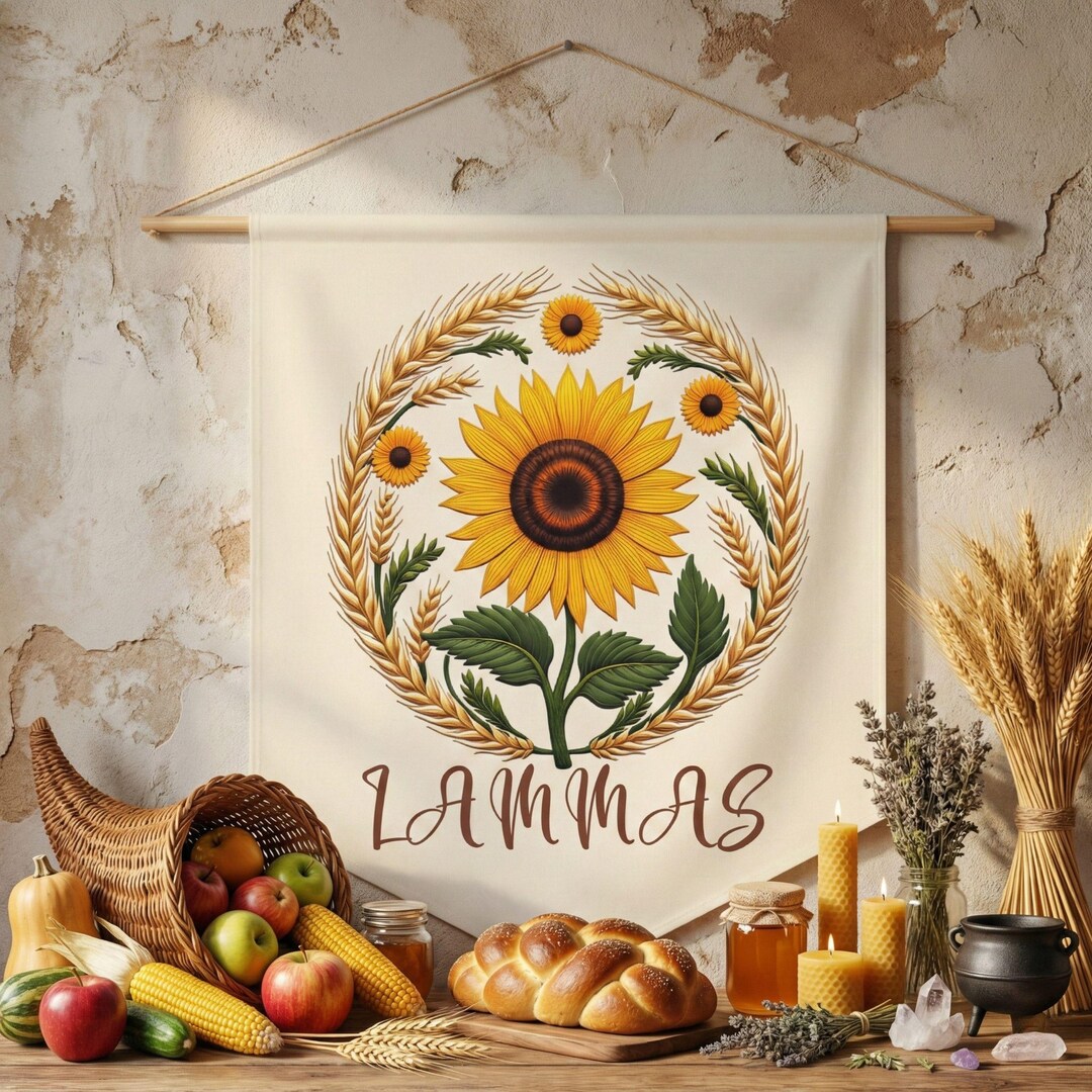 Lammas Pennant Banner, Sunflower and Wheat Design, Pagan Harvest Sabbat ...