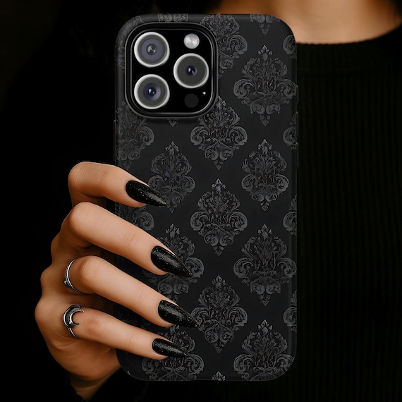 Black Damask Gothic Phone Case, Monochrome Baroque Protective Cover, iPhone 17 16 15 14 13 12 11 Pro Max, Pixel, Magsafe