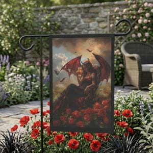 Gothic Summer Garden Flag with Demon Woman & Roses, Dark Fantasy Yard Decor, Witchy Outdoor Summerween Decoration