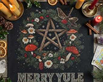 Merry Yule Altar Cloth, Witchy Pentagram Design, Pagan Winter Solstice Decor, Dark Forest Table Mat for Sabbat Ritual or Tarot Readings