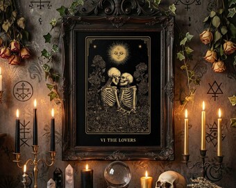 The Lovers Tarot Skeleton Poster, Gothic Occult Wall Art Print, unframed