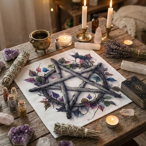 Wooden Pentacle Altar Cloth, Pagan Wiccan Witchy Decor, Rustic Star with Leaves, Witchcraft Table Cloth for Ritual & Divination
