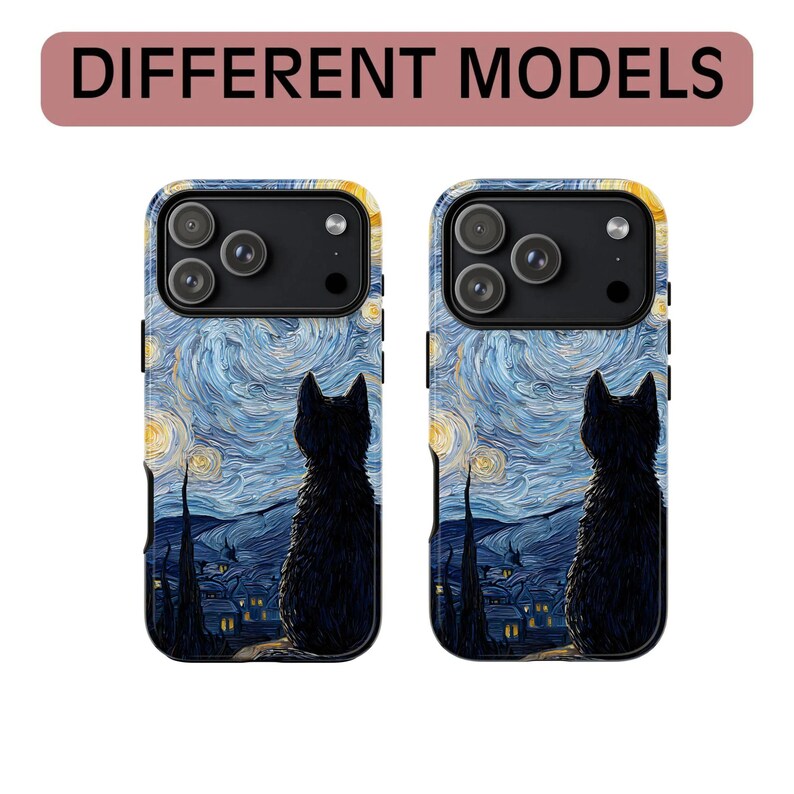 Starry Night Cat Phone Case, Whimsical Design Protective Cover, iPhone 17 16 15 14 13 12 11 Pro Max, Pixel, Magsafe image 5