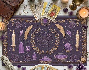 Purple Witchy Altar Tapestry, Celestial Rose Tarot Cloth, Mystical Witchcraft Ritual Cloth, Spiritual Decor