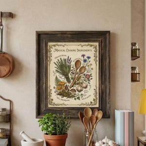 May include: A framed print titled "Magical Cooking Ingredients" featuring illustrations of herbs, mushrooms, garlic, and wildflowers. The print has a dark wooden frame and is displayed in a kitchen setting. Wooden spoons and a potted herb plant are in the foreground.