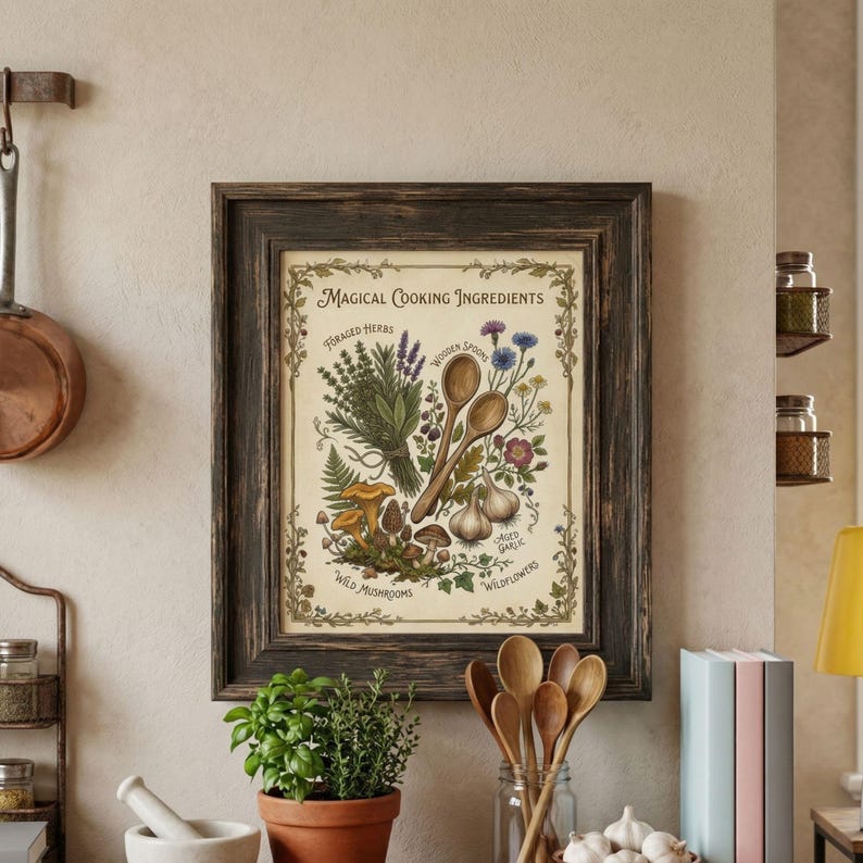 May include: A framed print titled "Magical Cooking Ingredients" featuring illustrations of herbs, mushrooms, garlic, and wildflowers. The print has a dark wooden frame and is displayed in a kitchen setting. Wooden spoons and a potted herb plant are in the foreground.