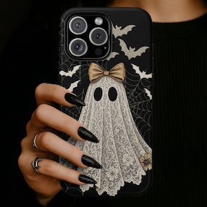 Funda para teléfono con diseño de fantasma de encaje, elegante funda gótica de Halloween, para iPhone 18 17 16 15 14 13 12 11 Pro Max, Pixel y MagSafe. imagen 2