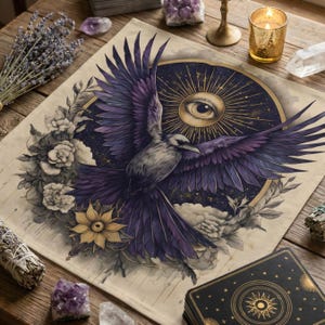 Raven Altar Cloth, Mystical Third Eye & Moon Design, Witchy Tarot Cloth, Pagan Witchcraft Decor, Occult Divination Gift
