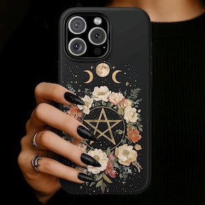Triple Moon Pentacle Floral Phone Case, Witchy Wiccan Pagan Cover, iPhone 17 16 15 14 13 12 11 Pro Max, Pixel, Magsafe