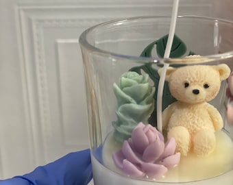 Baby shower Favor Candles - Cactus teddy bear with Bambu lid- Personalized Baby Shower Favor | Baby shower Favor | Succulent cactus candle