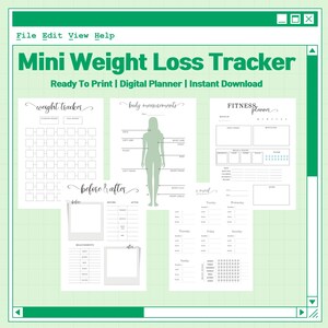 Puede incluir: Un planificador digital de pérdida de peso con páginas para el seguimiento del peso, las medidas corporales, fotos de antes y después, planificación de fitness y planificación de comidas. El título dice "Mini Weight Loss Tracker".