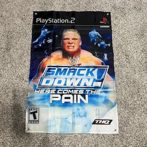 May include: A banner for the PlayStation 2 video game "SmackDown: Here Comes the Pain." The banner features a large image of a wrestler, the game's logo, and the ESRB Teen rating. The background is a blue and white gradient.