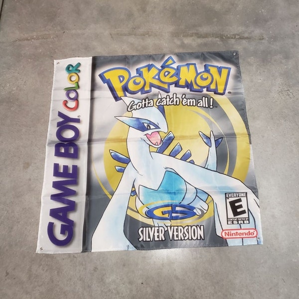 Tapiz de bandera de pared personalizado versión plateada de Pokémon, 3 x 3 pies, GBC, color Gameboy