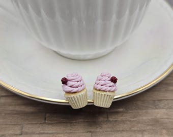 Handmade Cupcake Earrings - Pink frosting and raspberry studs