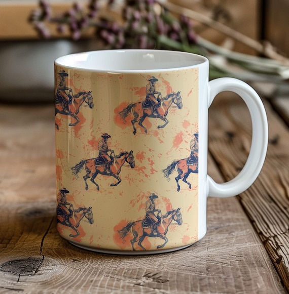 Cowboy Mug, Rancher Ceramic Coffee Cup, Western Horse Design