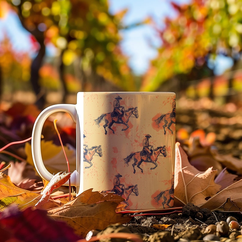 Puede incluir: Una taza de cer&aacute;mica blanca con asa, con un patr&oacute;n repetido de vaqueros montando a caballo. El fondo es de color beige claro con manchas marrones. La taza est&aacute; sentada sobre una cama de hojas de oto&ntilde;o.