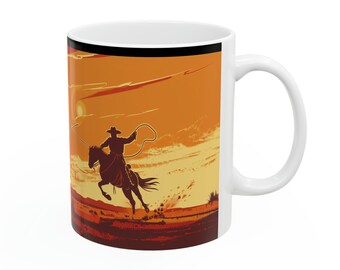 Taza de cerámica Sunset Lasso - Vaquero en el crepúsculo - 11oz