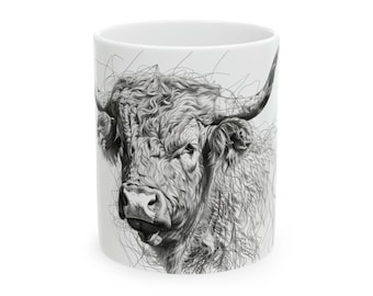 Taza de vaca de las Tierras Altas / Taza de café rústica con animales de granja esbozados