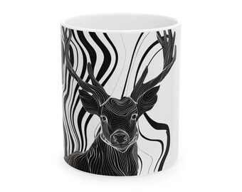 Taza con diseño abstracto de ciervo: elegante arte de vida salvaje en blanco y negro