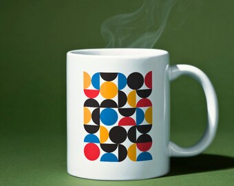 Bauhaus Beats Ceramic Mug, Colorful Half Circle 11oz Coffee Mug, Modern Art Gift