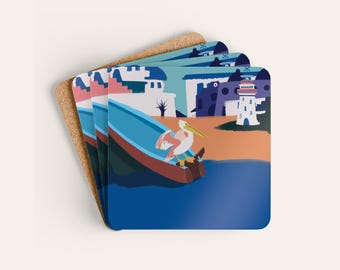 Pelican Coaster Set of 4, Santorini Mediterranean Fishing Boat Corkwood Coasters