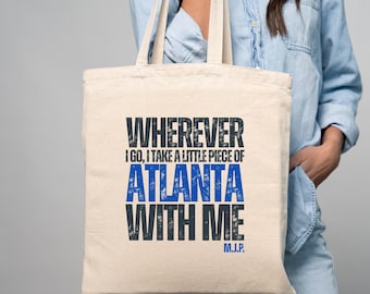 Custom Atlanta Tote Bag, Cobalt Blue Cotton Canvas City Bag, Vintage Travel Gift