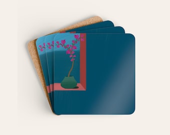 Bougainvillea Botanical Coaster Set of 4, Santorini Mediterranean Corkwood Coasters