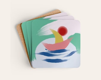 Aegean Voyage Coaster Set of 4, Santorini Sailboat Mediterranean Corkwood Coasters