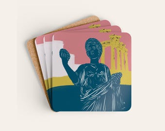 Demeter Coaster Set of 4, Greek Goddess Mythology Harvest Statue Corkwood Coasters