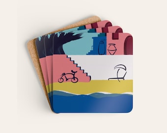 Beach Town Coaster Set of 4, Santorini Mediterranean Bicycle Greek Corkwood Coasters