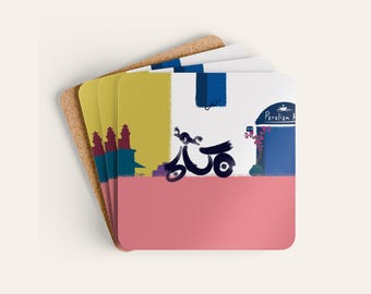 Paralian Coaster Set of 4, Santorini Mediterranean Vespa Greek Corkwood Coasters