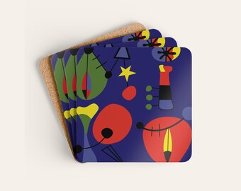 Summer Night, Miro Inspired Abstract Art Coaster Set of 4, Colorful Corkwood Coasters