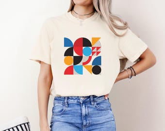 Bauhaus Geometric Harmony Unisex T-Shirt: Colorful Abstract Art Shirt, Pure Cotton Ivory Tee