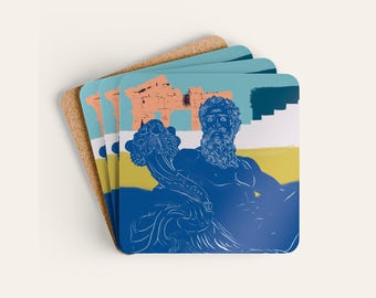 Zeus Coaster Set of 4, Greek Mythology Olympian God Statue Art Corkwood Coasters